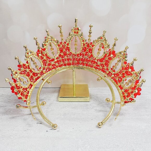 Gold Princess Crown, Prom headpiece, Bridal tiara, Red Crystal wedding crown main image 7